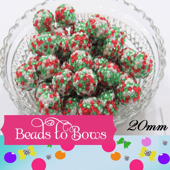 20mm Red Green on White Rhinestone Beads, Christmas Confetti Bubblegum Rhinestone Beads, Chunky Rhinestone Beads, Chunky Bead Supply