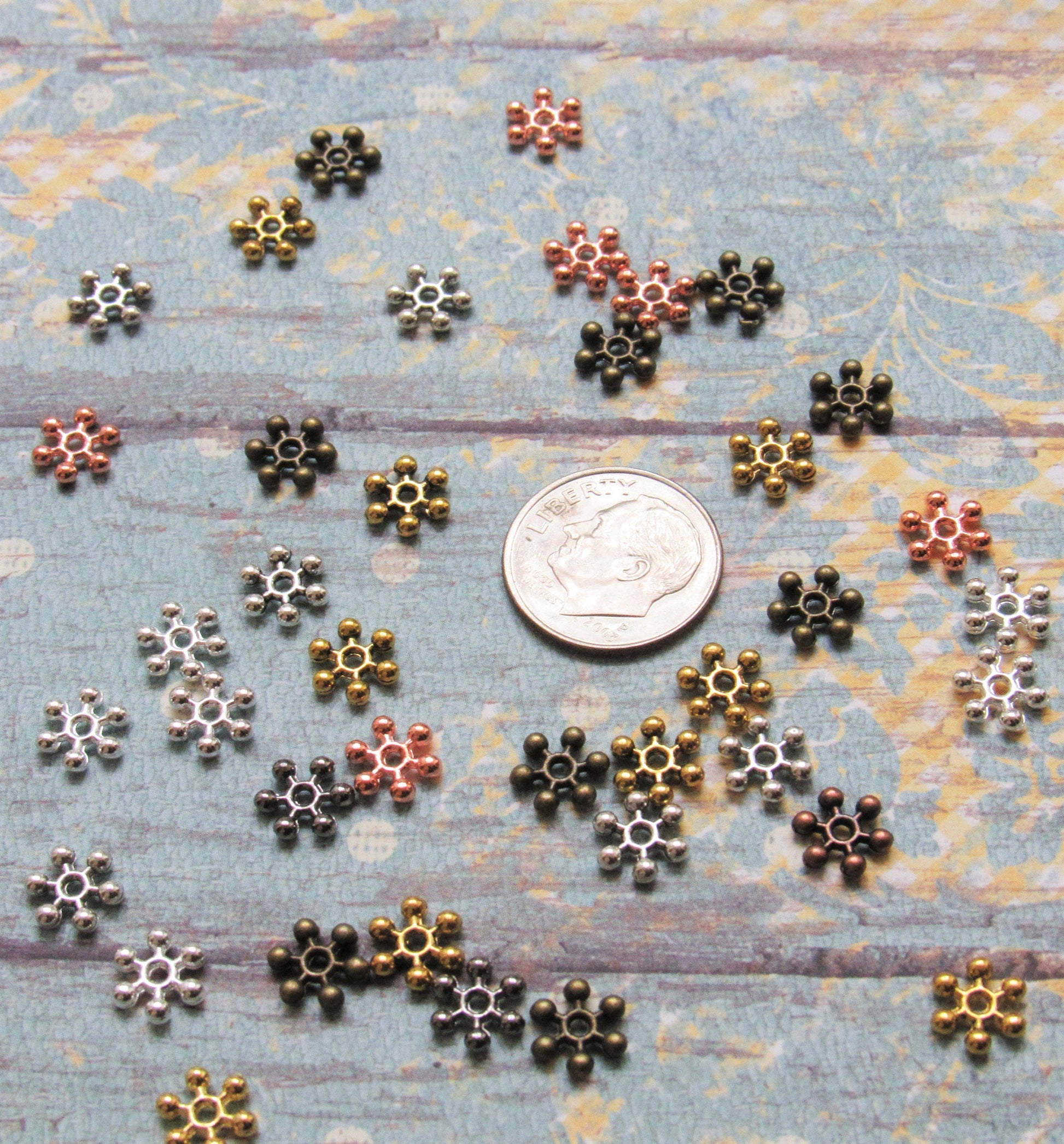 50 Snowflake 8.5mm Bead Spacers, Daisy Bead Spacers, Metal Spacer Beads, Antique Silver, Jewelry Supply, Beading Supply