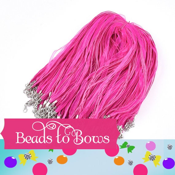 5 for 1.99 Deep Pink 17 in. Organza Ribbon and Cord Necklaces, Bottlecap Supply, Pendant Necklace, Jewelry Supply, Organza Necklace