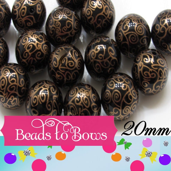 20mm Printed Swirls Gold on Black Pearls,  Bubblegum Beads, Chunky Gumball Beads, Bubblegum Bead Supply, Chunky Printed Pearl Beads