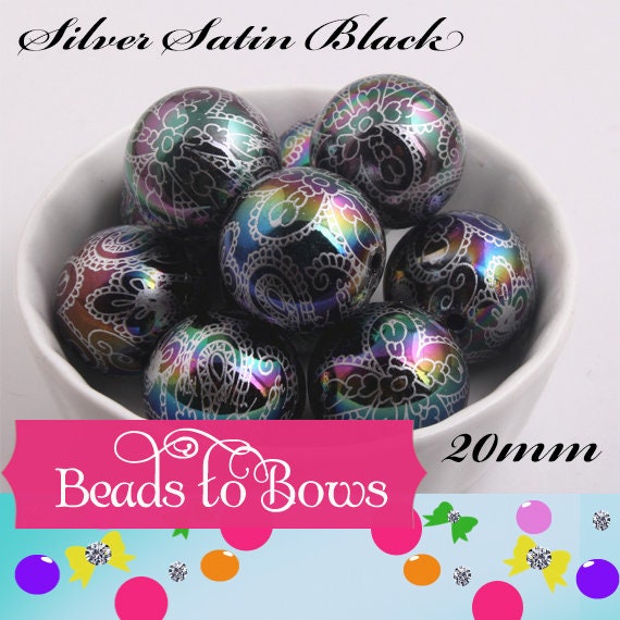 New 20mm Silver Satin Black Flower Bead Pearls, Bubblegum Beads, Chunky Gumball Beads, Bubblegum Bead Supply, Chunky Printed Pearl Beads