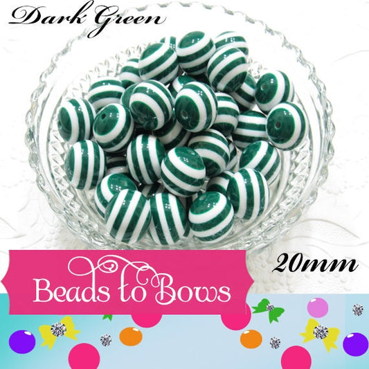 20mm Dark Green And White Striped Bubblegum Beads, Chunky Bubblegum Bead, Gumball Beads, Striped Gumball Bead, Chunky Necklace Supply Bead