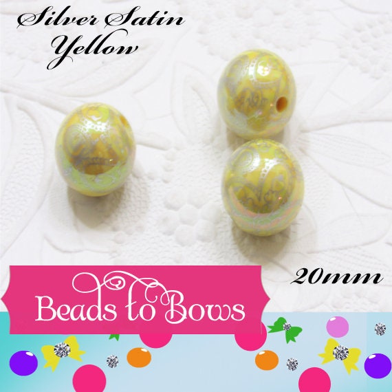 New 20mm Silver Satin Yellow Flower Bead Pearls, Bubblegum Beads, Chunky Gumball Beads, Bubblegum Bead Supply, Chunky Printed Pearl Beads