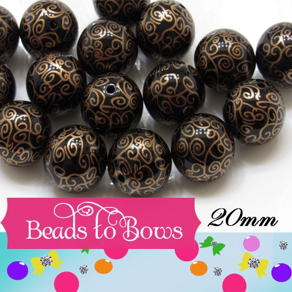 20mm Printed Swirls Gold on Black Pearls,  Bubblegum Beads, Chunky Gumball Beads, Bubblegum Bead Supply, Chunky Printed Pearl Beads