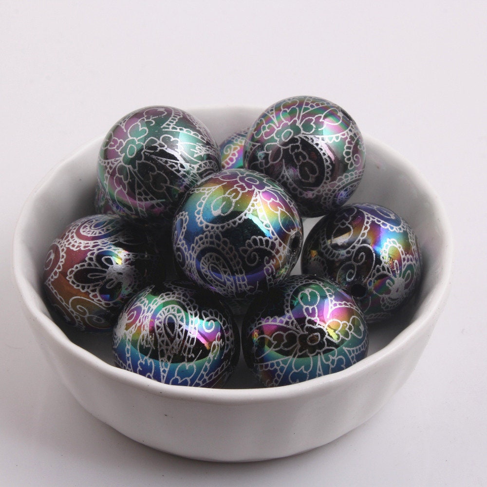 New 20mm Silver Satin Black Flower Bead Pearls, Bubblegum Beads, Chunky Gumball Beads, Bubblegum Bead Supply, Chunky Printed Pearl Beads