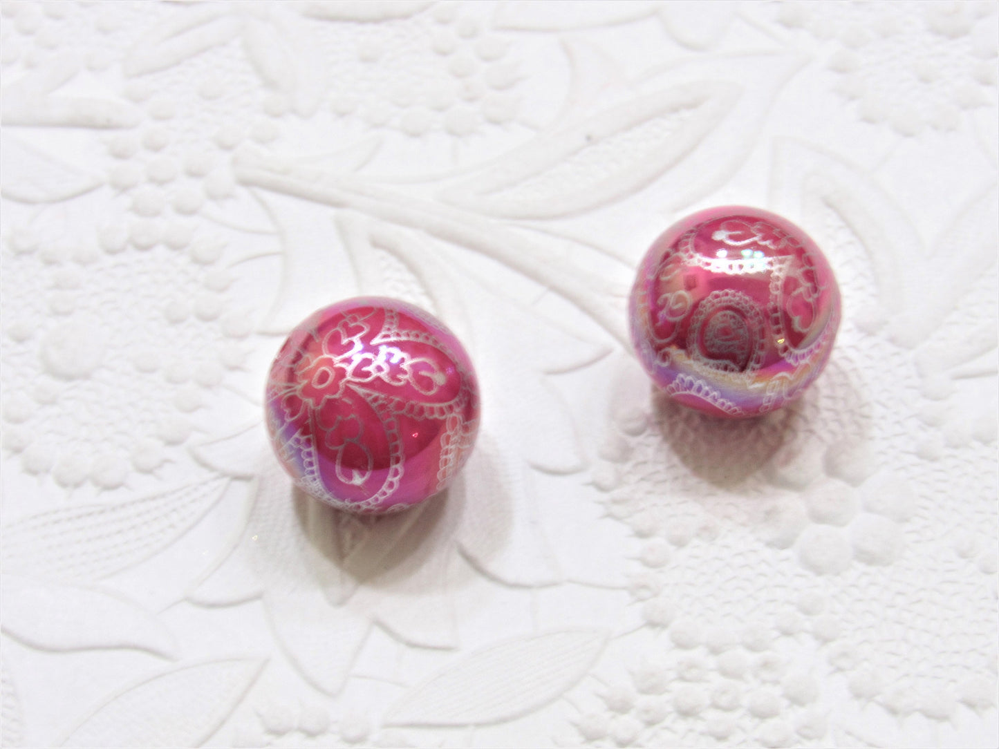 New 20mm Silver Satin Fuchsia Flower Bead Pearls, Bubblegum Beads, Chunky Gumball Beads, Bubblegum Bead Supply, Chunky Printed Pearl Beads