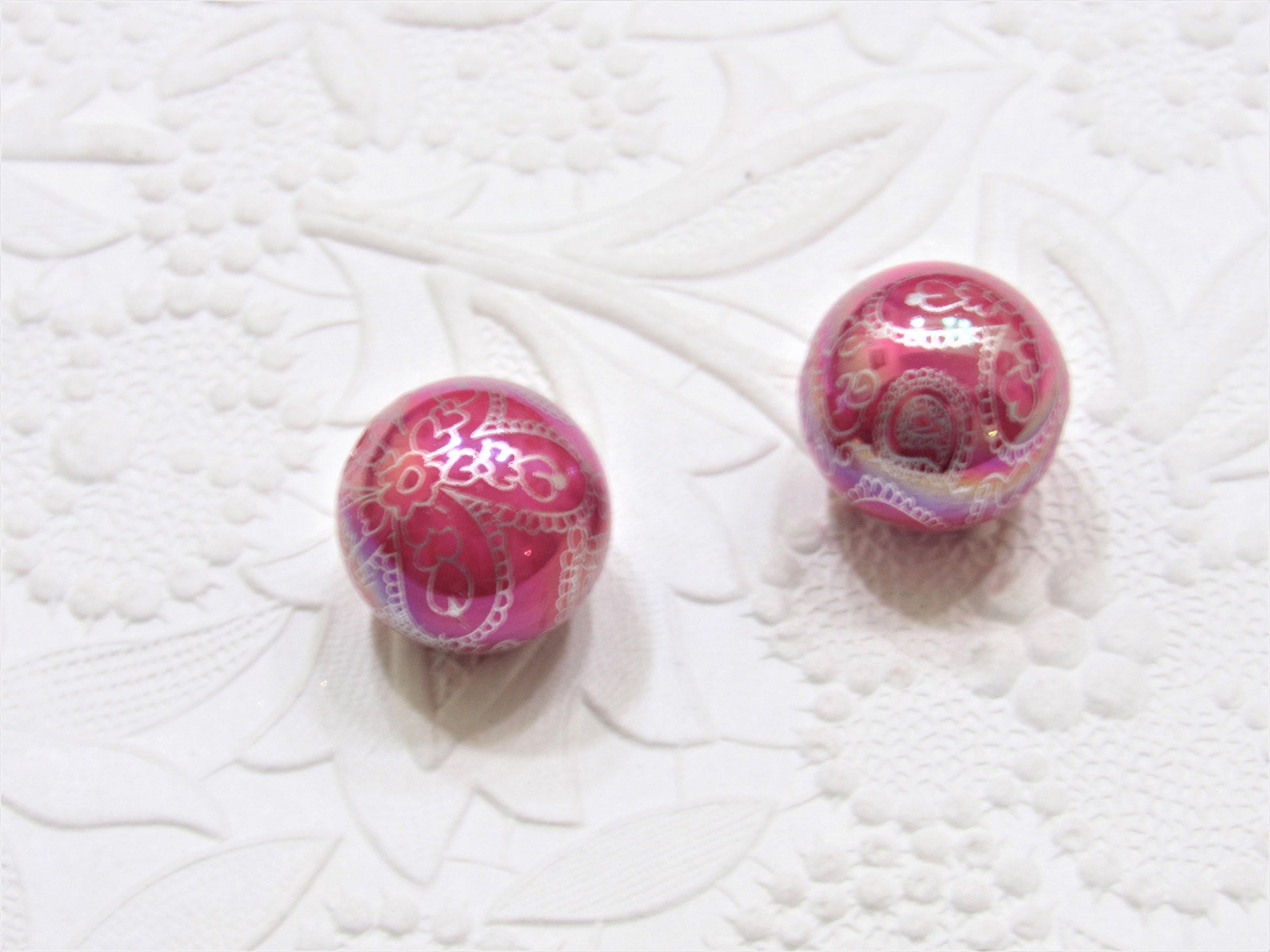 New 20mm Silver Satin Fuchsia Flower Bead Pearls, Bubblegum Beads, Chunky Gumball Beads, Bubblegum Bead Supply, Chunky Printed Pearl Beads