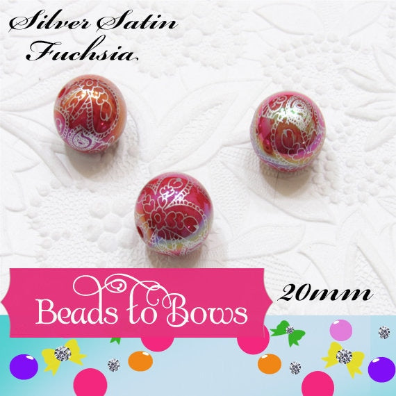 New 20mm Silver Satin Fuchsia Flower Bead Pearls, Bubblegum Beads, Chunky Gumball Beads, Bubblegum Bead Supply, Chunky Printed Pearl Beads