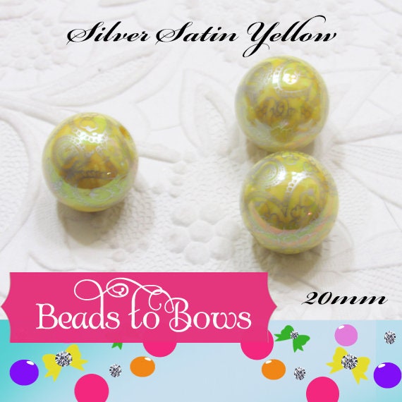 New 20mm Silver Satin Yellow Flower Bead Pearls, Bubblegum Beads, Chunky Gumball Beads, Bubblegum Bead Supply, Chunky Printed Pearl Beads