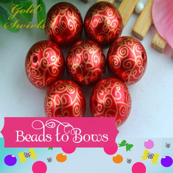 NEW 20mm Printed Gold Swirls on Red & Green Pearls, Bubblegum Beads, Chunky Gumball Beads, Bubblegum Bead Supply, Printed Pearl Beads