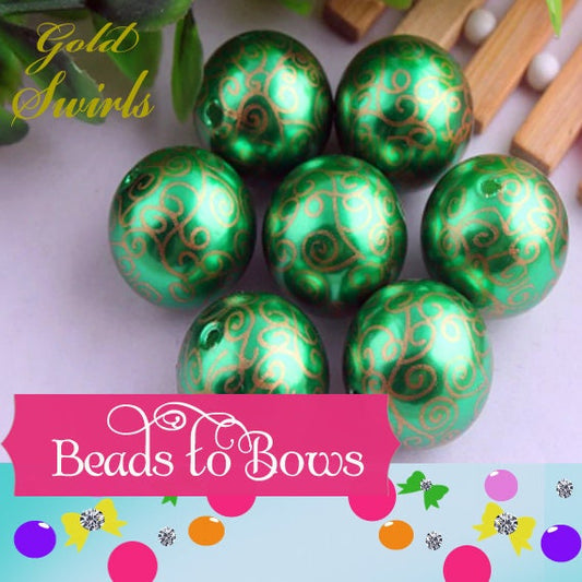 NEW 20mm Gold on Green  Swirl Printed Pearls,  Bubblegum Beads, Chunky Gumball Beads, Bubblegum Bead Supply, Chunky Printed Pearl Beads