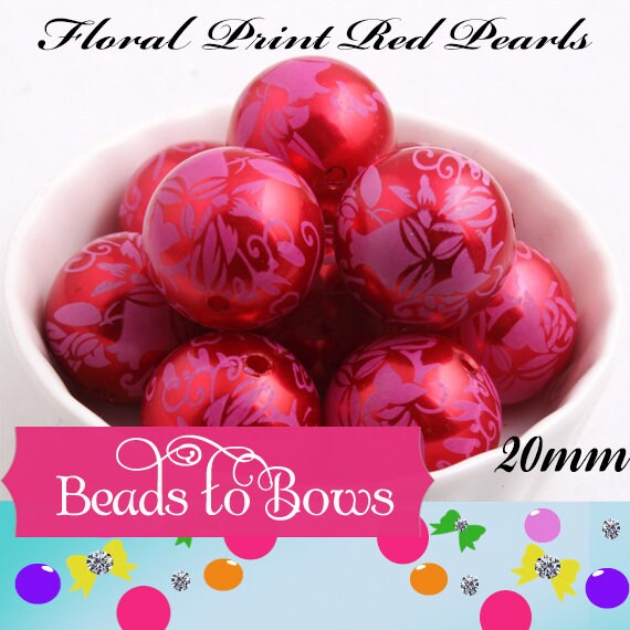 NEW 20mm White Floral Print on Red Pearls, Bubblegum Beads, Chunky Gumball Beads, Bubblegum Bead Supply, Chunky Printed Pearl Beads