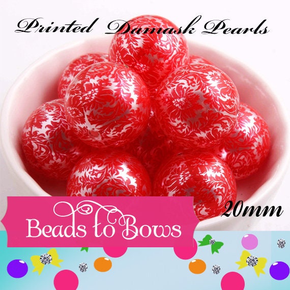 20mm Printed Damask Pearls, Black On White Bubblegum Pearls, Chunky Gumball Beads, Bubblegum Bead Supply, Chunky Printed Pearl Beads