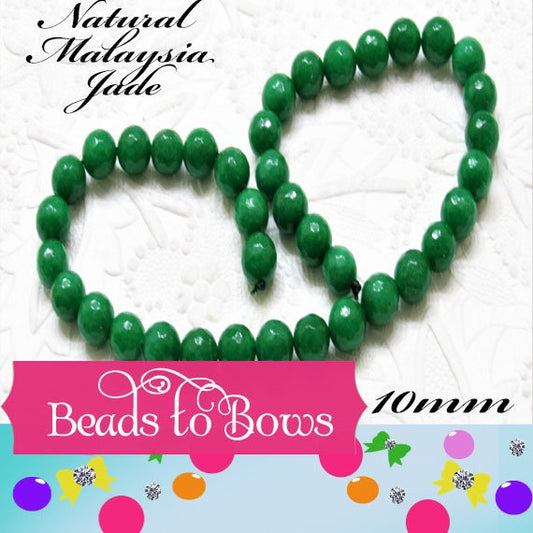 New Natural Malaysia Green Jade 10mm Beads, 14 inch Strand, 37 piece strand,  Dyed Natural Malaysia Jade Coral Beads