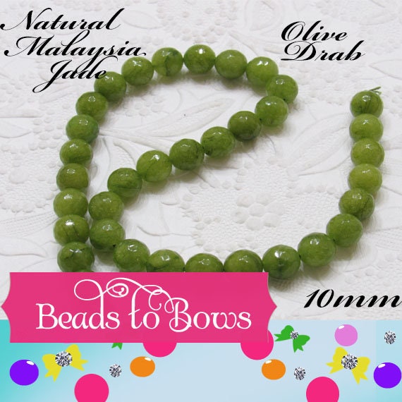 Natural Malaysia Olive Drab Jade 10mm Beads, 14 inch Strand, 37 piece strand,  Dyed Natural Malaysia Jade Olive Beads