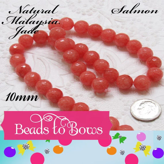 Natural Malaysia Salmon Jade 10mm Beads, 14 inch Strand, 37 piece strand,  Dyed Natural Malaysia Jade Beads
