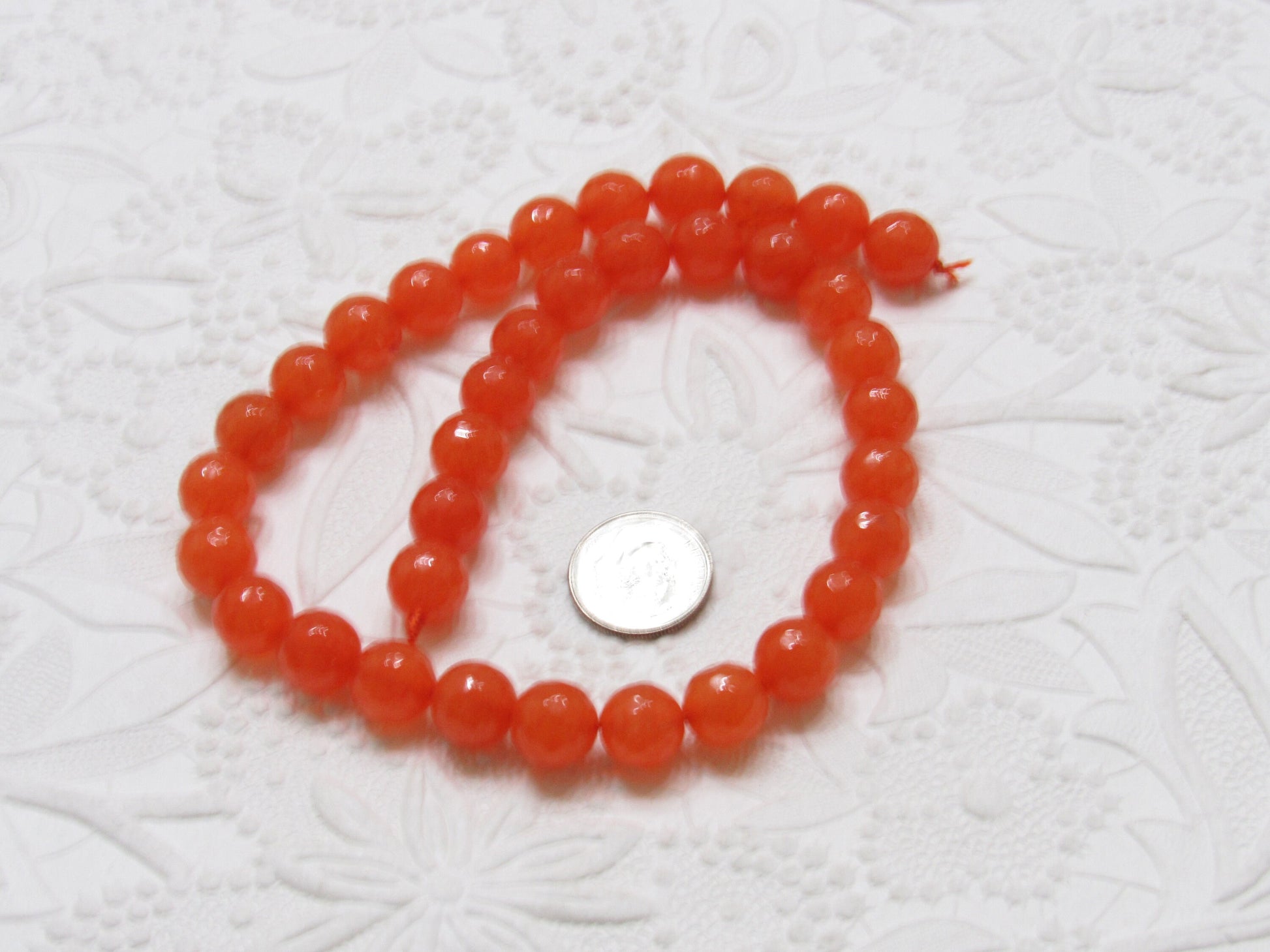 Natural Malaysia Coral Jade 10mm Beads, 14 inch Strand, 37 piece strand,  Dyed Natural Malaysia Jade Coral Beads