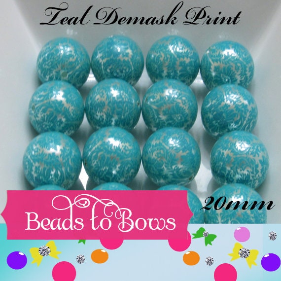 NEW 20mm Printed Damask Pearls, Teal On White Bubblegum Pearls, Chunky Gumball Beads, Bubblegum Bead Supply, Chunky Printed Pearl Beads