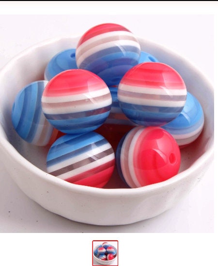 New 20mm Pink White & Blue Striped Bubblegum Beads Chunky Beads, Striped Gumball Beads, Bubblegum Necklace Supply Beads, Bright Striped Bead