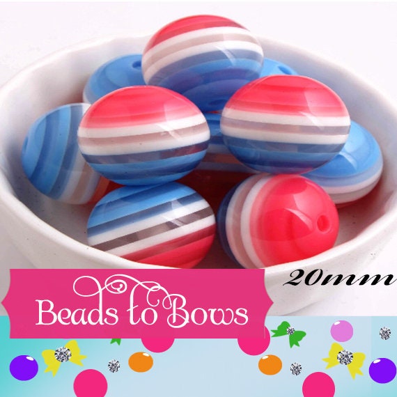 New 20mm Pink White & Blue Striped Bubblegum Beads Chunky Beads, Striped Gumball Beads, Bubblegum Necklace Supply Beads, Bright Striped Bead