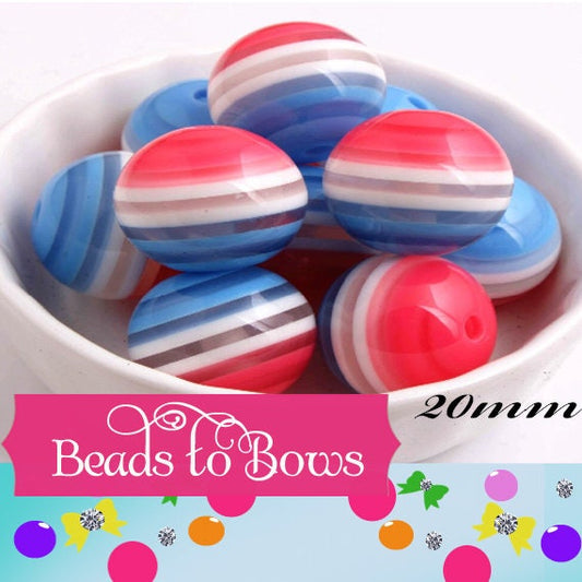 New 20mm Pink White & Blue Striped Bubblegum Beads Chunky Beads, Striped Gumball Beads, Bubblegum Necklace Supply Beads, Bright Striped Bead