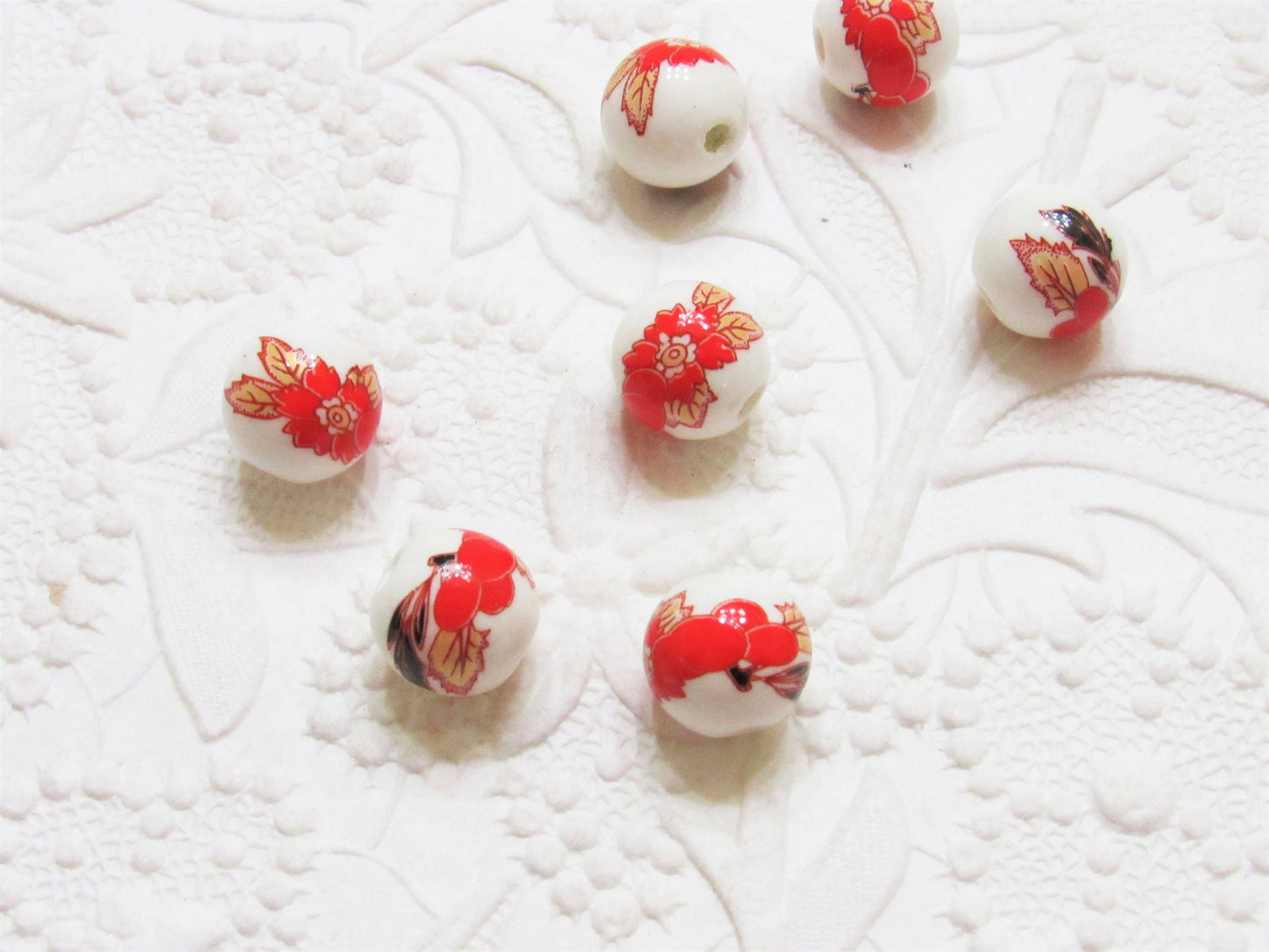NEW 12mm Red Handmade Flower Printed Porcelain Beads, Beautiful Round Red Printed Flower Porcelain Beads Hole 3mm