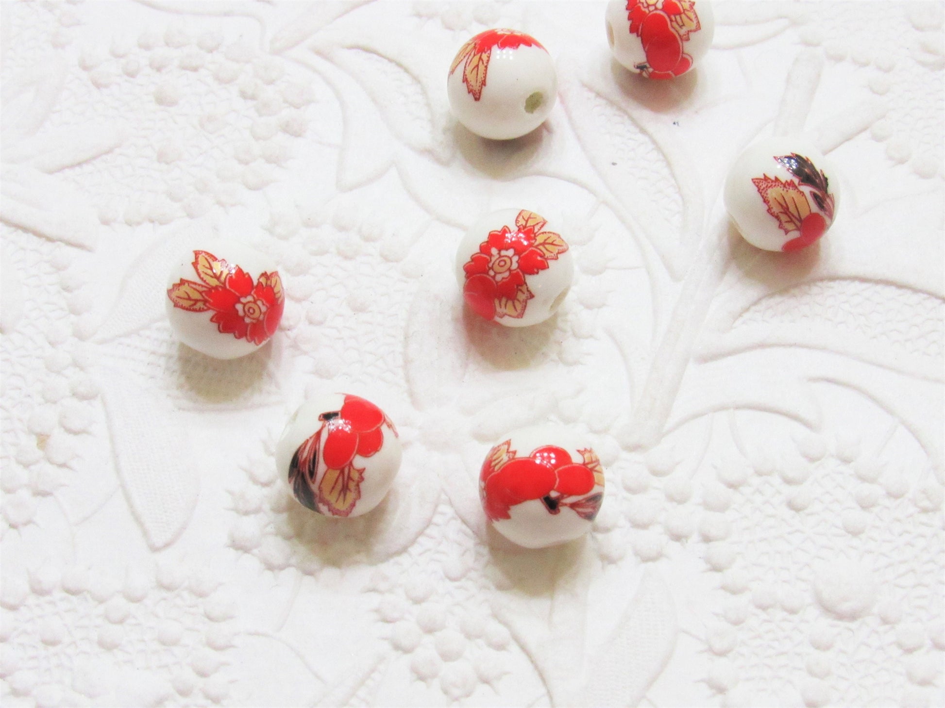 NEW 12mm Red Handmade Flower Printed Porcelain Beads, Beautiful Round Red Printed Flower Porcelain Beads Hole 3mm