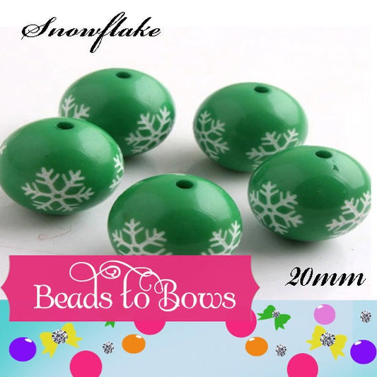 NEW 20mm Printed Snowflake on Green Bubblegum Beads, Chunky Beads, Snowflake Print Beads, Chunky Necklace Supply Bead, Acrylic Bead,