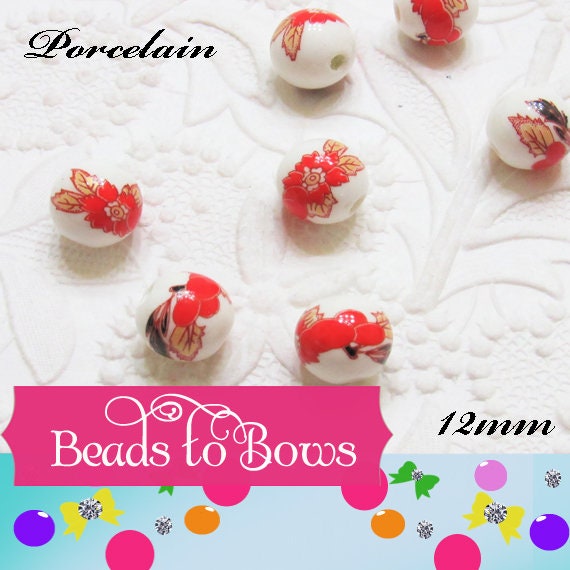 NEW 12mm Red Handmade Flower Printed Porcelain Beads, Beautiful Round Red Printed Flower Porcelain Beads Hole 3mm
