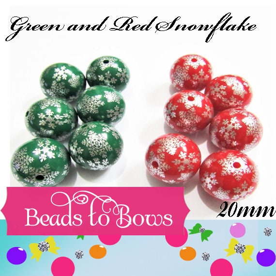 NEW 20mm Silver on Green and Red Snowflake Bubblegum Beads, Snowflake Beads, Chunky Bubblegum Necklace Supply Beads