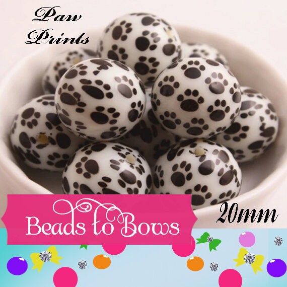 NEW 20mm Black and White Paw Print Bubblegum Bead, Chunky Paw Print Beads, Gumball Beads, Bubblegum Necklace Supply Beads, Bead Supply,