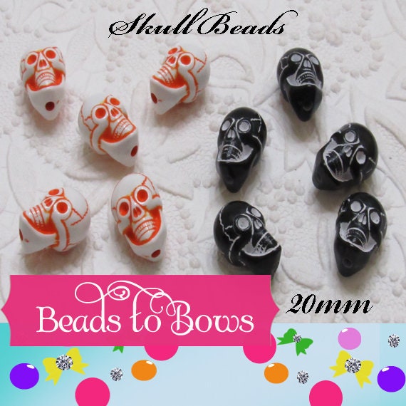 20 X 14mm Skull Beads, 10 for 1.89 Bubblegum Skull Bead, Orange or Black Halloween Skull Bead, Synthetic Howlite Skull Bead, Chunky Supply