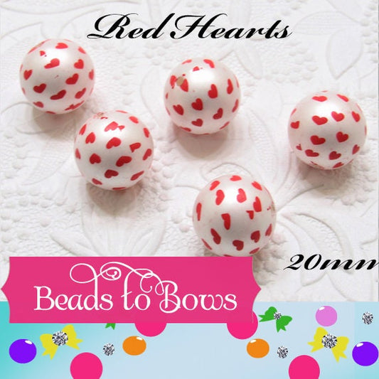 20mm Red Heart Matte Printed Pearl, Chunky Pearls, Bubblegum Pearls, Faux Pearl Beads, Gumball Pearl Beads, Supply Beads