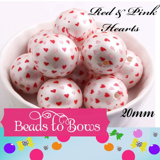 20mm Red & Pink Heart Matte Printed Pearl, Chunky Pearls, Bubblegum Pearls, Faux Pearl Beads, Gumball Pearl Beads, Supply Beads