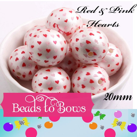 Sale 2.99 20mm Red & Pink Heart Matte Printed Pearl, Chunky Pearls, Bubblegum Pearls, Faux Pearl Beads, Gumball Pearl Beads, Supply Beads
