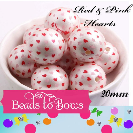 Sale 2.99 20mm Red & Pink Heart Matte Printed Pearl, Chunky Pearls, Bubblegum Pearls, Faux Pearl Beads, Gumball Pearl Beads, Supply Beads