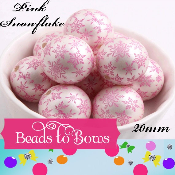 20mm Pink Snowflake on White Pearls Bubblegum Beads, Snowflake Print Beads, Chunky Necklace Supply Bead, Acrylic Bubblegum Bead,