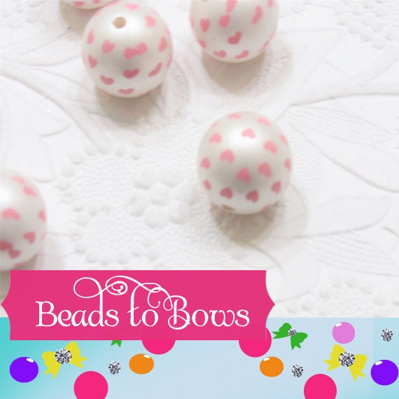 20mm Red & Pink Heart Matte Printed Pearl, Chunky Pearls, Bubblegum Pearls, Faux Pearl Beads, Gumball Pearl Beads, Supply Beads