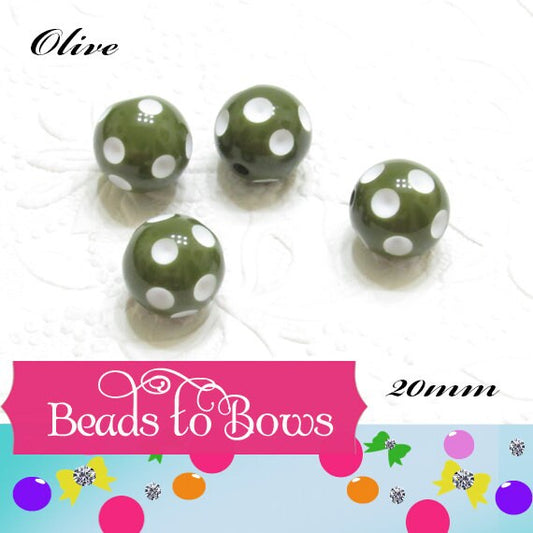 New 20mm Olive With White Polka Dot Beads, Bubblegum Necklace Beads, Gumball Bead, Bubblegum Bead, Chunky Necklace Bead