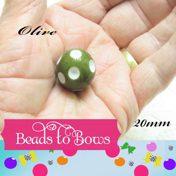 New 20mm Olive With White Polka Dot Beads, Bubblegum Necklace Beads, Gumball Bead, Bubblegum Bead, Chunky Necklace Bead