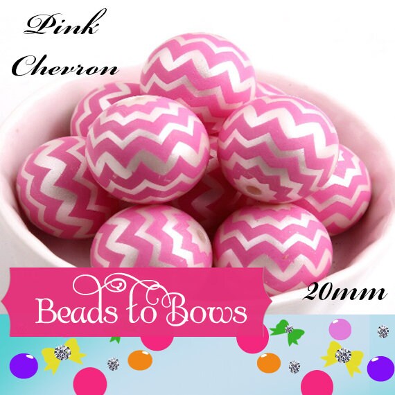20mm Pink Chevron on Matte White Pearls,  Bubblegum Beads, Chunky Gumball Beads, Bubblegum Bead Supply, Chunky Printed Pearl Beads