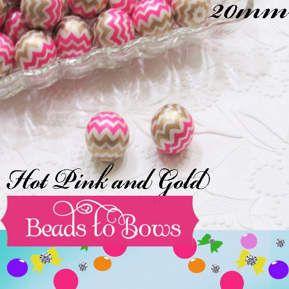 20mm Fuchsia & Gold Chevron on Matte White Pearls, Bubblegum Beads, Gumball Bead, Bubblegum Bead Supply, Chunky Printed Bead