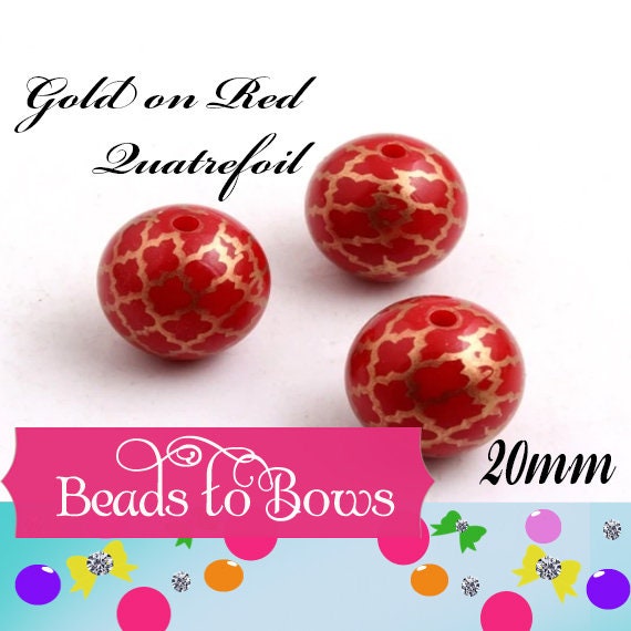 New 20mm Gold on Red Quatrefoil Printed Pearls, Bubblegum Beads, Chunky Gumball Beads, Bubblegum Bead Supply, Chunky Printed Pearl Beads