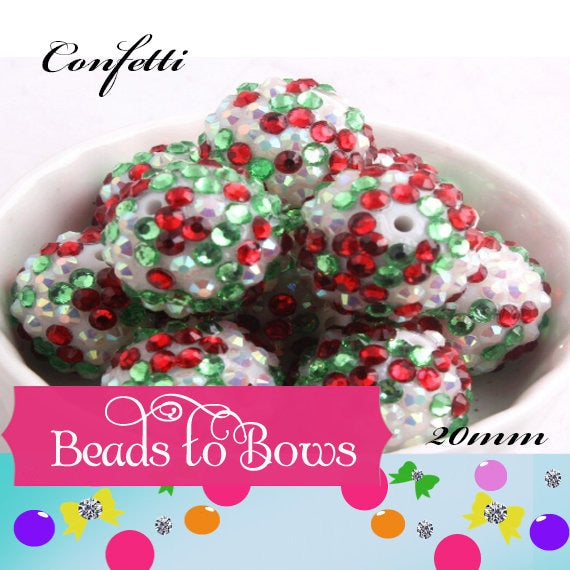 20mm Red Green on White Rhinestone Beads, Christmas Confetti Bubblegum Rhinestone Beads, Chunky Rhinestone Beads, Chunky Bead Supply