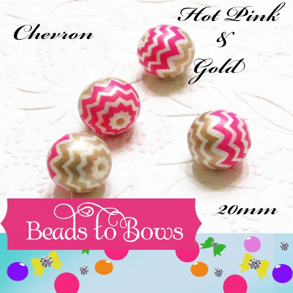 20mm Fuchsia & Gold Chevron on Matte White Pearls, Bubblegum Beads, Gumball Bead, Bubblegum Bead Supply, Chunky Printed Bead