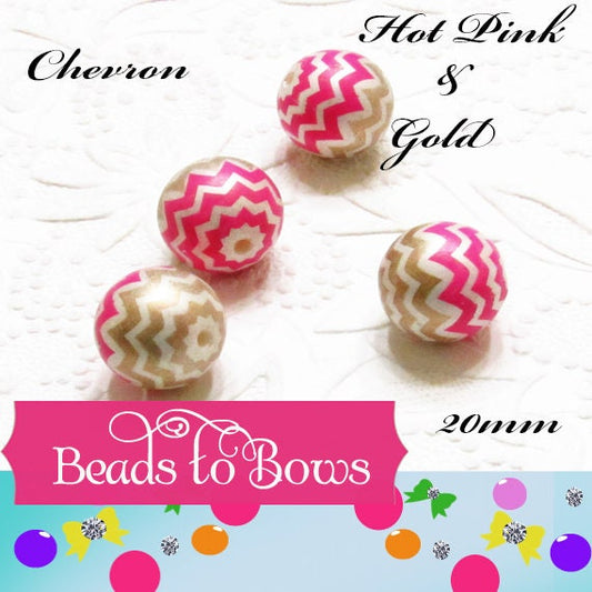 20mm Fuchsia & Gold Chevron on Matte White Pearls, Bubblegum Beads, Gumball Bead, Bubblegum Bead Supply, Chunky Printed Bead