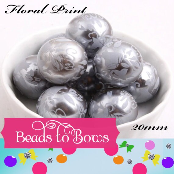NEW 20mm White Floral Print On Grey Pearls, Chunky Gumball Beads, Bubblegum Bead Supply, Chunky Printed Pearl Beads