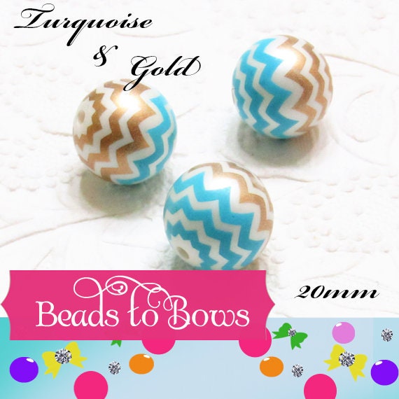 20mm Gold and Turquoise Blue Chevron Print On White Pearl Bubblegum Beads, Chunky Beads, Bubblegum Bead Supply, Chunky Printed Pearl Beads