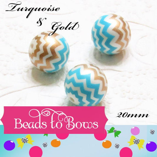 20mm Gold and Turquoise Blue Chevron Print On White Pearl Bubblegum Beads, Chunky Beads, Bubblegum Bead Supply, Chunky Printed Pearl Beads