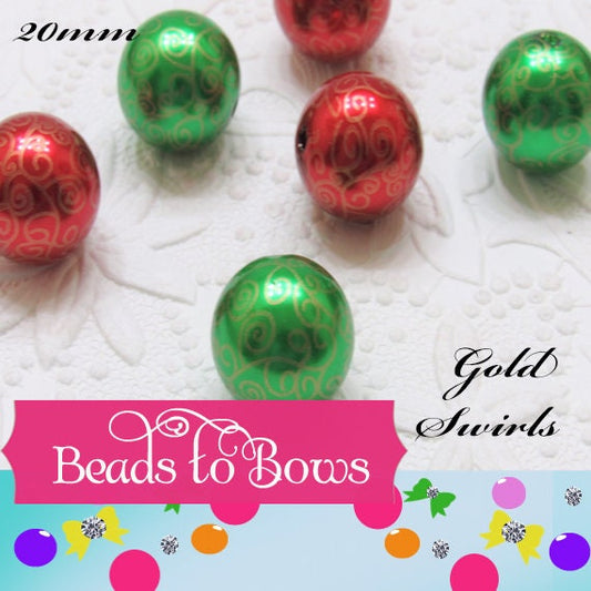 NEW 20mm Printed Gold Swirls on Red & Green Pearls, Bubblegum Beads, Chunky Gumball Beads, Bubblegum Bead Supply, Printed Pearl Beads